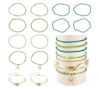 Boutigem 14Pcs Green Anklet Bracelets for Women, Beach Beaded Bracelet Anklets, Boho Bracelet Set Natural Cowrie Starfish Shell Anklet for Holiday Vacation Gifts