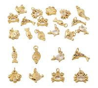 Boutigem 16Pcs 18K Gold Plated Brass Ocean Animal Charms Micro Pave Cubic Zirconia Sea Animal Charms Rhinestone Shell Dolphin Crab Fish Pendants for Jewelry Making DIY Earring Necklace Bracelet