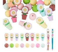 Boutigem 24Pcs Daisy Flower Silicone Beads Colorful 3D Flowerpot Focal Bead 15mm Round Silicone Focal Beads for Beadable Pen DIY Keychain Lanyard Bracelet Jewelry Making