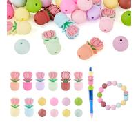 Boutigem 24Pcs Tulip Flower Silicone Beads 3D Tulip Flower Pot Focal Beads Colorful 15mm Round Silicone Bead Cute Floral Character Bead for Beadable Pens DIY Bracelet Keychain Jewelry Making