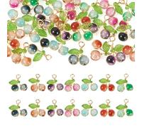 Boutigem 28 Pcs Crackle Cherry Glass Pendants 3D Fruit Charms Cherry Crystal Pendant with Green Leaf for Jewelry Making DIY Bracelet Necklace Earring