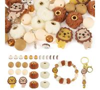 Boutigem 44Pcs DIY Keychain Pen Bracelets Making Kit, Brown Silicone & Acrylic & Iron Rhinestone & Pom Pom Beads Round Rondelle Animal Lion Beads Ornament Wedding Home Party Decor for Jewelry Making