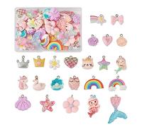 Boutigem 46pcs Resin Pendants Cute Sweet Crown Owl Rose Heart Bowknot Scallop shell Flower Rainbow Mermaid Tail Pendant for jewelry making