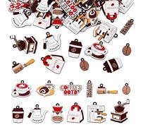 Boutigem 48Pcs Coffee Theme Enamel Charms Coffee Bean Machine Tools Chocolate Cake Roll Pendants Hot Drink Latte Dangle Pendants for Jewelry Making DIY Earring Necklace Bracelet