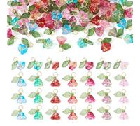 Boutigem 56Pcs Glass Trumpet Flower Charms Colorful Crystal Floral Dangle Pendants with Green Leaf Bead Flower Pendant Charms Floral Hang Ornament for DIY Crafts Necklace Bracelet Jewelry Making