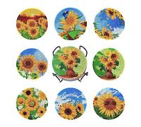 Boutigem 5D Sunflower Diamond Painting Coasters Pad Diamond Coaster Acrylic Round Cup Coaster with Holder,Party Home Decor DIY Crafts,8Pcs