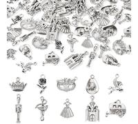 Boutigem 60Pcs Tibetan Style Alloy Pendants Antique Silver Cowboy Hat Dress Castle Crown Camping Car Soldier Ballerina Charms Vintage Dangle Pendants for Jewelry Making DIY Earring Necklace