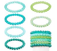 Boutigem 6Pcs Green Glass Crystal Beads Stretch Bracelets Boho Beaded Bracelet 8mm Glass Gemstone Beads Stackable Bracelets For Women Men