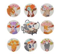 Boutigem 8Pcs Cattle Head Diamond Painting Coaster Set Cute Animal Cow Pattern Diamond Cup Mat Coaster Kits With Holder for Adults Kids Beginners Office Home Decor