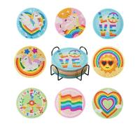 Boutigem 8Pcs Rainbow Theme Diamond Painting Coaster Set Word Love Heart Unicorn Pattern Diamond Cup Mat With Holder for Office Table Home Decor