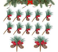 Boutihao 20Pcs Artificial Pine Picks Artificial Holly Stem and Red Berry Christmas Pine Needles with Red Berries Pines Cones Berry Stems Decor Bouquets for Craft Xmas Flower Arrangements Wreaths Decor