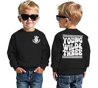 BOUTIKOME 3rd Birthday Boys Sweatshirt Young WILD Three Print Pullover Siblings Kids Long Sleeve Shirt Baby Outfits Third Birthday Jumper Autumn Winter Baby Clothing, black, 3 Jahre