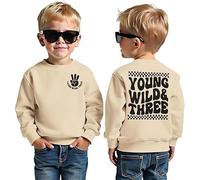 BOUTIKOME 3rd Birthday Boys Sweatshirt Young WILD Three Print Pullover Siblings Kids Long Sleeve Shirt Baby Outfits Third Birthday Jumper Autumn Winter Baby Clothing, apricot, 3 Jahre
