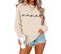 BOUTIKOME Mama Sweatshirt Women Funny Mama Letter Print Graphic Mom Life Long Sleeve Crewneck Pullover Shirt Loose Tops, Apricot-1, XL