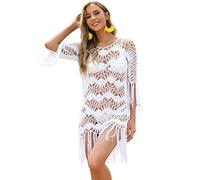 BOUTIKS Women's Bikini Cover Up Handmade Crochet Beach Dress with Fringe Hollow Pattern Summer Hollowed Beach Tassels Cover Up, White, One Size