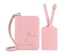 Boutilon Leather Passport Holder Covers Case with Neck Lanyard and Luggage Tag Waterproof RFID Blocking Travel Wallet Solid Color Passport Organization for Women and Men, Cherry Pink