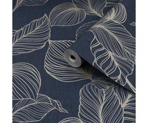 Boutique Royal Palm Sapphire Gold Effect Leaf Textured Wallpaper