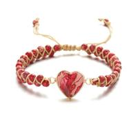 Boutique SS 7 Chakra Design Healing Natural Red Heart Gemstone Bracelet - Meditation Energy Spiritual Protection - Mental Health Balance 1 Strand Handmade Leather Wrap 1 Piece Handmade Red Heart with