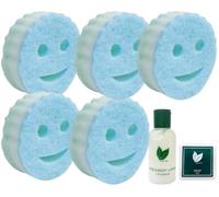 'BoutiqueBF Kitchen Dish Washing Up Srcub Sponges, Smiley Face Design, 5-Pack with Green Tea Hand Cream or Soap (blue and white)
