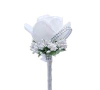 Boutonniere Rose Flower Bridegroom Groom Men's Brooch Boutonniere Groomsmen Best Man Boutineer Corsage with Pin for Wedding Prom Homecoming Party (White Pack of 1)