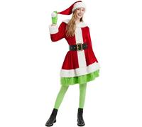 Boveco Christmas Dress for Women 5 Pcs Furry Costume Suit Mrs Claus Outfits with Hat Belt for Xmas Holiday M