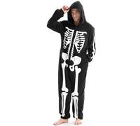 Boveco Halloween Skeleton Costume for Men Adult Cozy Hoodie Skeleton Onesie Jumpsuit Outfit Front Print Party 2XL