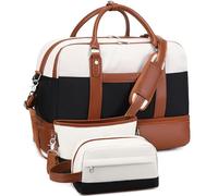 BOVIP Weekender Bag with Shoe Compartment Overnight Bag Canvas Travel Duffel Bag Carry On Tote for Women & Men 3Pcs Set, A11-Black White Set
