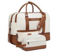 BOVIP Weekender Bag with Shoe Compartment Overnight Bag Canvas Travel Duffel Bag Carry On Tote for Women & Men 3Pcs Set, White Set