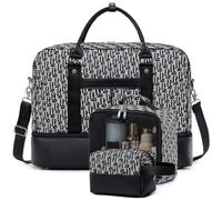 BOVIP Weekender Bags for Women Overnight Bag Large Canvas Travel Duffel Bag with Shoe Compartment Carry On Tote Bag 3Pcs Set, A3-Letter B, 19.5"L × 9.5"W × 14"H