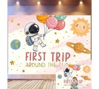 Bovlleetd 1.5x1m "First Trip Around The Sun" Pastel Birthday Backdrop Planet Balloons Photography Background Sun Gold Stars Soft Pink Sky Space Explorer First Birthday Theme Photo Studio Props