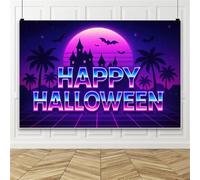 Bovlleetd 1.5x1m Happy Halloween Neon Backdrop Retro Synthwave Photo Background with Purple Moon Palm Tree Castle Bat for Halloween Party 80s Themed Photoshoot Decor