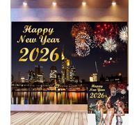 Bovlleetd 1.5x1m Happy New Year Backdrop Golden 2026 Scene Colorful Fireworks City Skyline Photo Background for New Years Eve Festival Party Cake Table Banner Home Decor