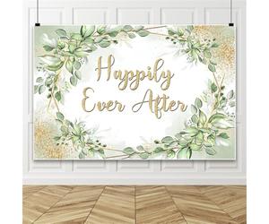 Bovlleetd 1.8x1.2m Green Gold Eucalyptus Wedding Backdrop Boho Happily Ever After Photography Background for Bridal Shower Engagement Bachelorette Party