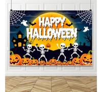 Bovlleetd 1.8x1.2m Happy Halloween Backdrop Cute Dancing Skeleton Pumpkin Ghost Bat Spider Web Haunted House Full Moon Background for Kids Birthday Trick or Treat Photography