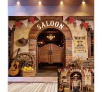 Bovlleetd 1,8x1,2m Wild West Saloon Entrance Backdrop "Wanted" Poster & Cowboy Props Photography Background Wooden Arch & Wagon Wheel Decor Frontier Saloon Theme Photo Studio Props