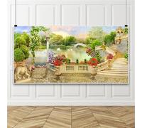 Bovlleetd 10x5ft Garden Backdrop Natural Forest Flowers River Bridge Scenery Photography Backdrop Garden Balcony European Style Pavilion Backdrop Extra Large Vinyl Backdrop Video Shoot Studio Props