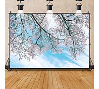 Bovlleetd 10x8ft Cherry Blossoming Blue Sky White Clouds Photography Background Spring Flowers Natural Scenery Backdrop Pink Flowers Photography Backdrop for Birthday Party Banner