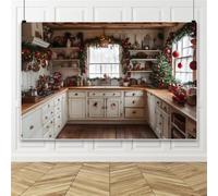 Bovlleetd 2.2x1.5m Christmas Kitchen Backdrop Vintage White Cabinets Pine Garland Red Baubles Xmas Tree Warm Lights Photography Background for Home Party Decor