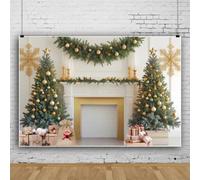 Bovlleetd 2.2x1.5m Christmas Photography Backdrop White Fireplace with Double Xmas Trees Golden Baubles Pine Garlands Gift Boxes Snowflake Decor