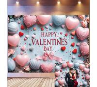 Bovlleetd 2.2x1.5m Pastel Valentine's Day Backdrop Soft Pink-Blue Heart Balloons & Rose Decor Photography Background "HAPPY VALENTINE'S DAY" Gentle Romantic Theme Photo Studio Props