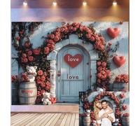 Bovlleetd 2.2x1.5m Romantic Love Door Backdrop Red Rose Arch Heart Decor Photography Background Teddy Bear Barrel Props Sweet Valentine's Theme Photo Studio Props