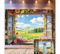 Bovlleetd 2,2x1,5m Spring Countryside Window Backdrop Floral-Framed View & Colorful Blooms Decor Photography Background Butterfly & Mountain Landscape Props Fresh Spring Theme Photo Studio Props