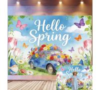 Bovlleetd 2.5 x 1.8 m Watercolor Background Hello Spring Car Blue Blanket with Flowers Garden Gnomes and Butterflies Theme Season Spring Season Photo Studio Accessories