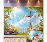 Bovlleetd 2.5x1.8m Easter Religious Cross Backdrop Sunlit Garden White Sheer Draped Cross Decor Photography Background Easter Egg Baskets Fence Props Serene Faith-Based Photo Studio Props