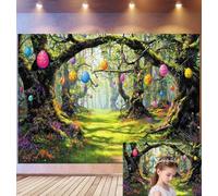Bovlleetd 2.5x1.8m Enchanted Easter Forest Backdrop Mossy Tree Arch & Hanging Decor Eggs Decor Photography Background Sunlit Path & Wildflower Props Magical Woodland Easter Theme Photo Studio Props