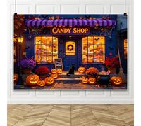 Bovlleetd 2.5x1.8m Halloween Candy Shop Backdrop Black Cat Jack-o-Lantern Bat Spider Web Autumn Maple Leaves Candy Store Background for Photo Booth Decor