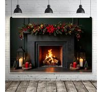 Bovlleetd 2.7x1.8m Christmas Fireplace Backdrop Burning Firewoods Dark Brick Background Red Berries Garland Lantern Candles Photo Studio Booth Props vinyl