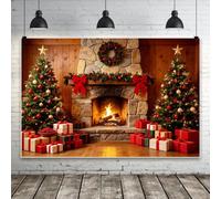Bovlleetd 2.7x1.8m Christmas Fireplace Backdrop Winter Christmas Burning Stone Fireplace Photography Background for Holiday Party Photo Booth Decor vinyl