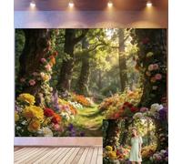 Bovlleetd 2,7x1,8m Enchanted Forest Flower Path Backdrop Tree-Wrapped Blooms & Sunbeam Decor Photography Background Lush Colorful Floral & Woodland Trail Props Magical Garden Theme Photo Studio Props