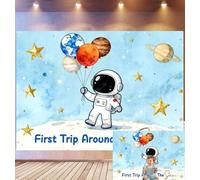Bovlleetd 2.7x1.8m "First Trip Around The Sun" Space Birthday Backdrop Planet Balloons Photography Background Watercolor Sky Gold Stars Space Explorer First Birthday Theme Photo Studio Props